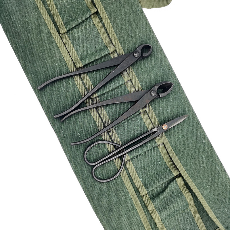 Pachet de depozitare unelte japoneze pentru bonsai verde, pungă rulou 600x430mm set de instrumente din pânză Carcasă 10 buzunare Durabilă