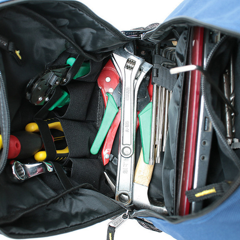 Įrankio pečių krepšio kuprinė Dvigubas Oksfordo audinys, tankus, atsparus vandeniui, didelės talpos elektriko įrankių laikymo organizatoriai