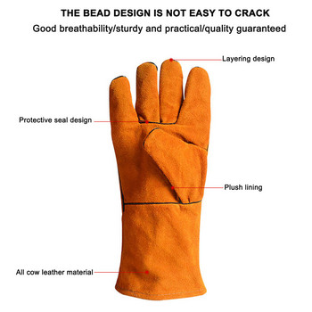 Μακριά δερμάτινα γάντια συγκόλλησης Διπλής στρώσης πλήρες δέρμα παχύρρευστο ανθεκτικό στη φθορά σε υψηλή θερμοκρασία προστασίας εργασίας γάντια συγκόλλησης