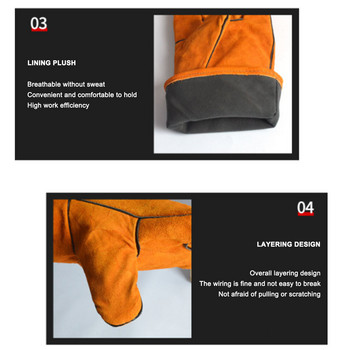 Μακριά δερμάτινα γάντια συγκόλλησης Διπλής στρώσης πλήρες δέρμα παχύρρευστο ανθεκτικό στη φθορά σε υψηλή θερμοκρασία προστασίας εργασίας γάντια συγκόλλησης