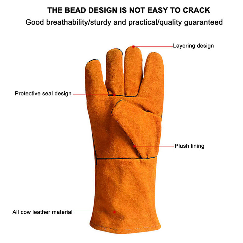 Ilgos odinės suvirinimo pirštinės Dvisluoksnės pilnai odinės pastorintos, atsparios dilimui aukštoje temperatūroje darbo apsaugos suvirinimo pirštinės