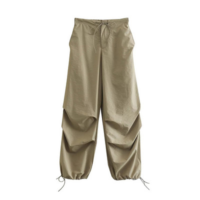Pantaloni de parașută de modă pentru femei, ocazional, uni, cu talie joasă, pantaloni largi, cu șnur, vintage, pantaloni cargo cu talie înaltă elastică