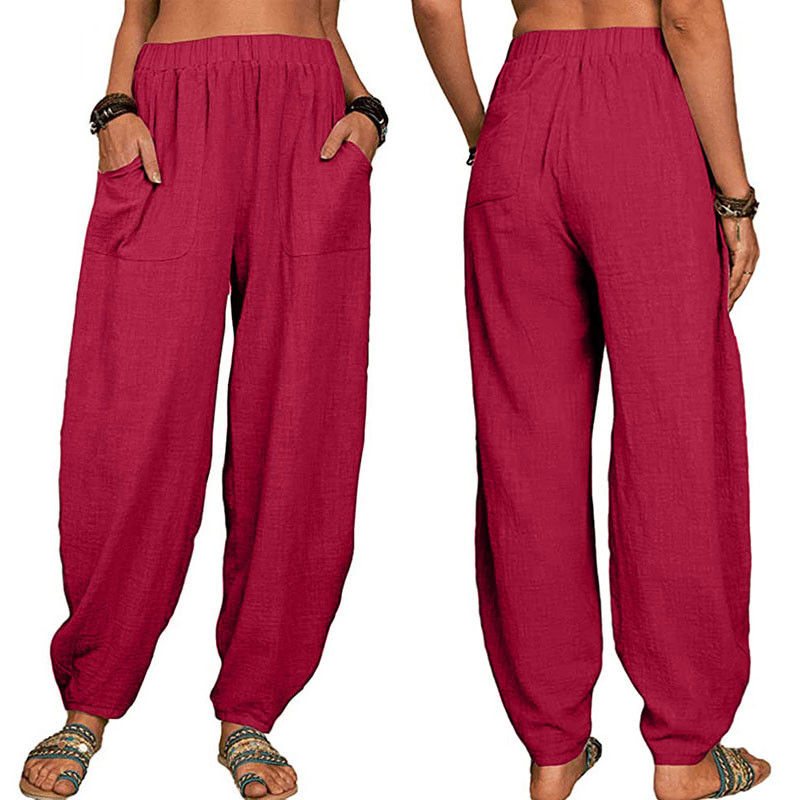 Naiste haaremipüksid suvised vabaaja vintage puuvillased linased püksid elastne vöökoht lai jalg Retro avarad taskud Naiste ema püksid S-5XL