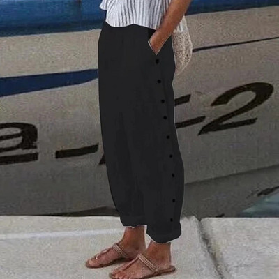 Puuvillane lina, soliidsed naiste püksid, mood, uued õõnsad taskud naistele vabaaja tänavariided kontori vabad püksid naistele