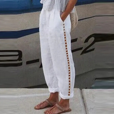 Puuvillane lina, soliidsed naiste püksid, mood, uued õõnsad taskud naistele vabaaja tänavariided kontori vabad püksid naistele