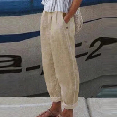 Puuvillane lina, soliidsed naiste püksid, mood, uued õõnsad taskud naistele vabaaja tänavariided kontori vabad püksid naistele