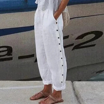 Puuvillane lina, soliidsed naiste püksid, mood, uued õõnsad taskud naistele vabaaja tänavariided kontori vabad püksid naistele