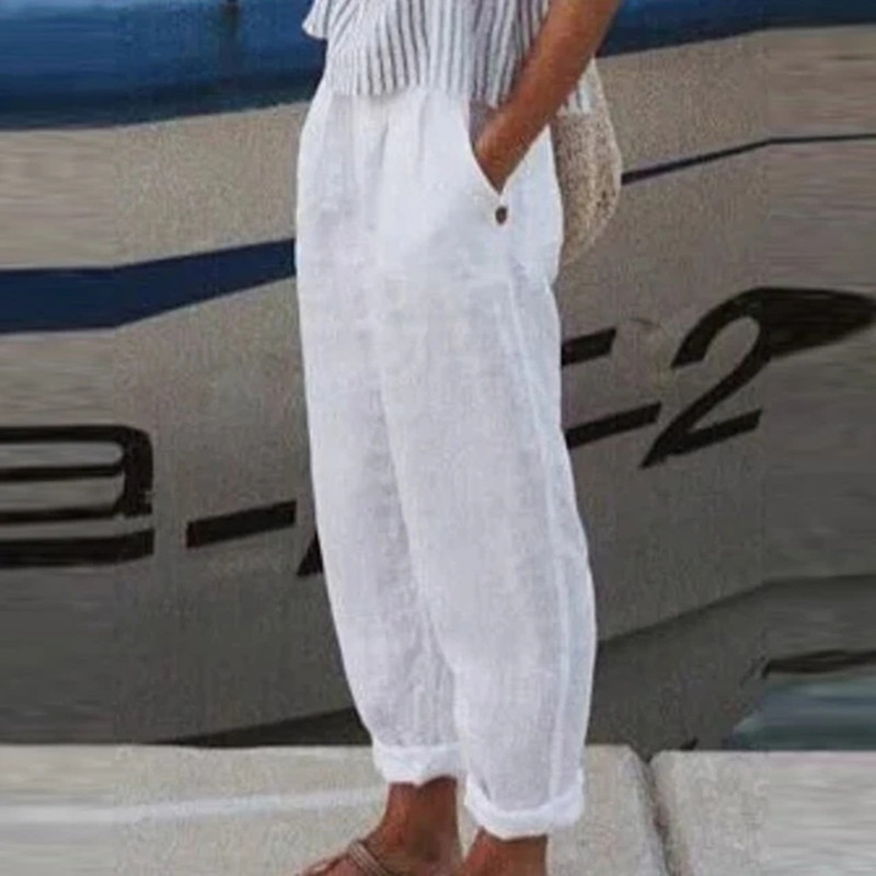 Puuvillane lina, soliidsed naiste püksid, mood, uued õõnsad taskud naistele vabaaja tänavariided kontori vabad püksid naistele