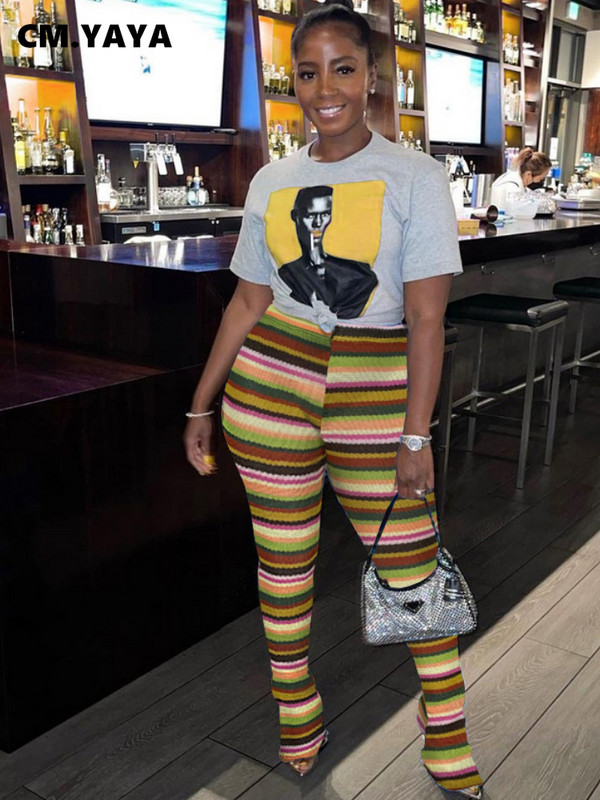 CM.YAYA Streetwear Rainbow svītrainām trikotāžas rievotas rievotas, uzliesmojošas bikses INS Active Sport Stretch bikses ar augstu vidukli