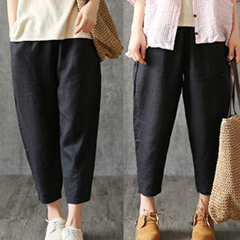 Дамски харем панталони, летни памучни ленени капри панталони, дишащи панталони с дължина до глезена, ежедневни ретро свободни панталони за мама, плътни джобове