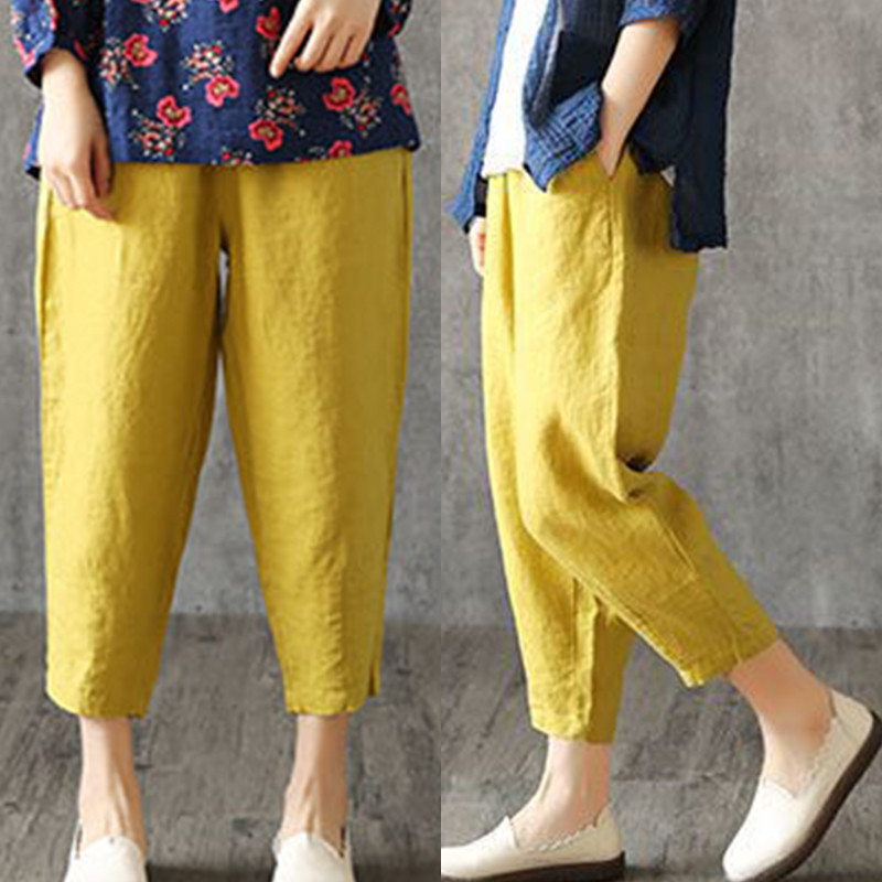 Дамски харем панталони, летни памучни ленени капри панталони, дишащи панталони с дължина до глезена, ежедневни ретро свободни панталони за мама, плътни джобове