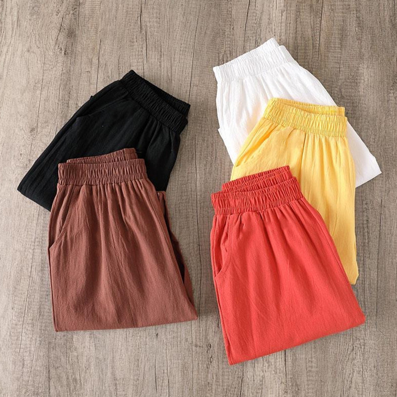 Дамски харем панталони, летни памучни ленени капри панталони, дишащи панталони с дължина до глезена, ежедневни ретро свободни панталони за мама, плътни джобове