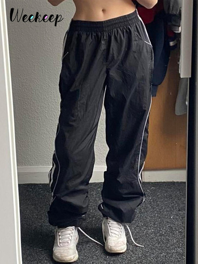 Weekeep crne trenirke s elastičnim niskim strukom, ravne sportske kaprije za trčanje, korejske modne ulične ležerne hlače za žene Basic