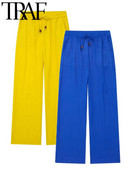 TRAF vasaras ikdienas sieviešu taisnas bikses elastīgas ar augstu jostasvietu sānu kabatas Lcce-Up pilna garuma brīvas bikses, vīriešu bikses, zilas
