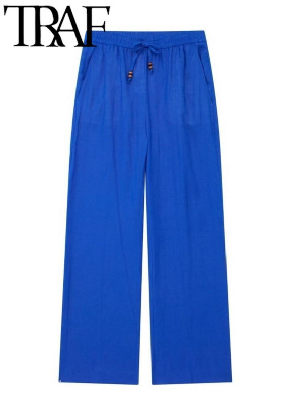 TRAF vasaras ikdienas sieviešu taisnas bikses elastīgas ar augstu jostasvietu sānu kabatas Lcce-Up pilna garuma brīvas bikses, vīriešu bikses, zilas