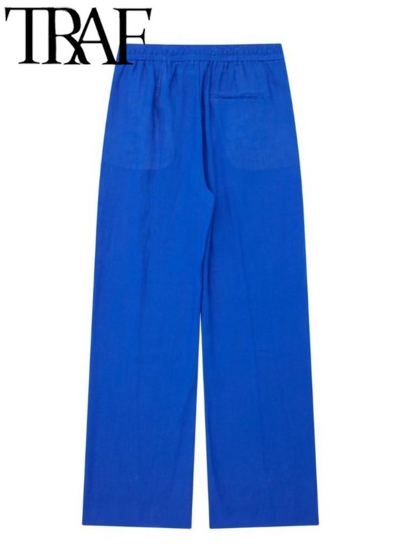 TRAF vasaras ikdienas sieviešu taisnas bikses elastīgas ar augstu jostasvietu sānu kabatas Lcce-Up pilna garuma brīvas bikses, vīriešu bikses, zilas