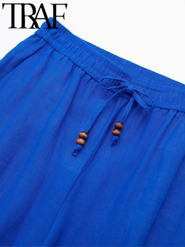 TRAF vasaras ikdienas sieviešu taisnas bikses elastīgas ar augstu jostasvietu sānu kabatas Lcce-Up pilna garuma brīvas bikses, vīriešu bikses, zilas