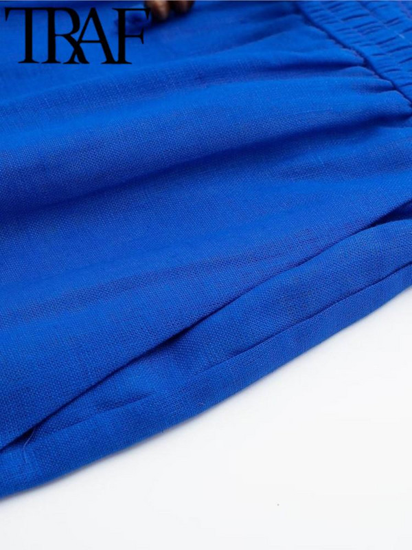 TRAF vasaras ikdienas sieviešu taisnas bikses elastīgas ar augstu jostasvietu sānu kabatas Lcce-Up pilna garuma brīvas bikses, vīriešu bikses, zilas