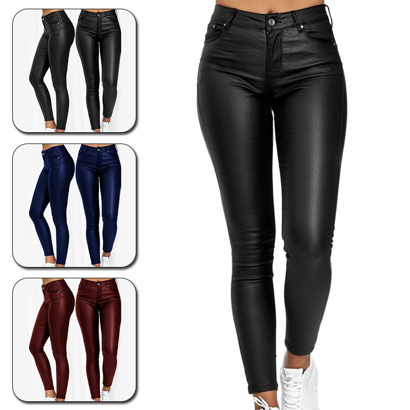 Sieviešu poliuretāna ādas legingi Bikses Masīvas ikdienas Sexy Stretch Bodycon Bikses ar augstu vidukli šauras zīmuļu bikses Modes Slim Fit