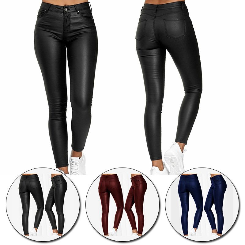 Sieviešu poliuretāna ādas legingi Bikses Masīvas ikdienas Sexy Stretch Bodycon Bikses ar augstu vidukli šauras zīmuļu bikses Modes Slim Fit