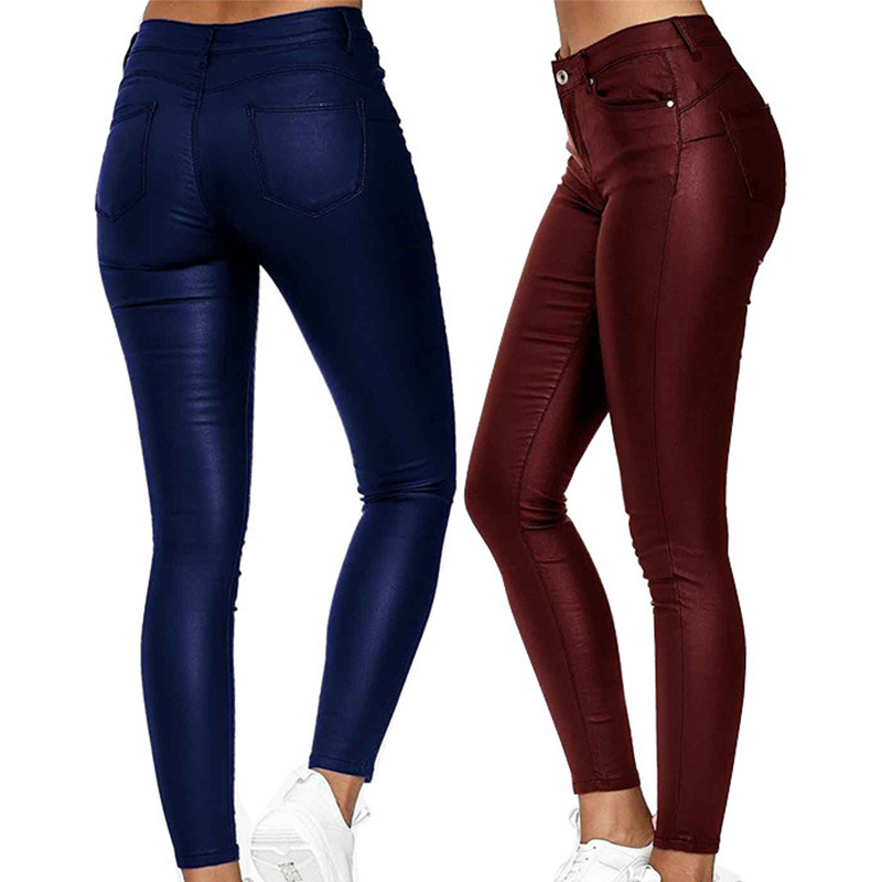 Sieviešu poliuretāna ādas legingi Bikses Masīvas ikdienas Sexy Stretch Bodycon Bikses ar augstu vidukli šauras zīmuļu bikses Modes Slim Fit