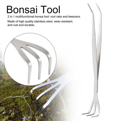 2 az 1-ben rozsdamentes acél gyökérgereblye bonsai csipesz többfunkciós kerti mezőgazdasági szerszám talajlazító spatula