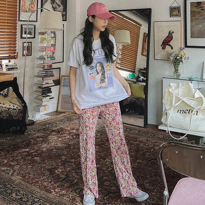 Pink Hearts Pants Hlače na preklop Ležerne ženske tanke hlače širokih nogavica za ljeto 2022. Nove OL ravne ležerne hlače pune dužine za sve kombinacije