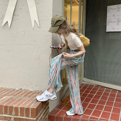 Pink Hearts Pants Hlače na preklop Ležerne ženske tanke hlače širokih nogavica za ljeto 2022. Nove OL ravne ležerne hlače pune dužine za sve kombinacije