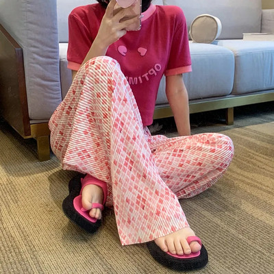 Pink Hearts Pants Hlače na preklop Ležerne ženske tanke hlače širokih nogavica za ljeto 2022. Nove OL ravne ležerne hlače pune dužine za sve kombinacije