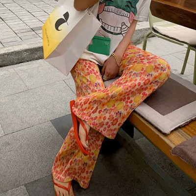 Pink Hearts Pants Hlače na preklop Ležerne ženske tanke hlače širokih nogavica za ljeto 2022. Nove OL ravne ležerne hlače pune dužine za sve kombinacije