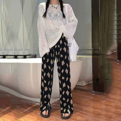 Pink Hearts Pants Hlače na preklop Ležerne ženske tanke hlače širokih nogavica za ljeto 2022. Nove OL ravne ležerne hlače pune dužine za sve kombinacije