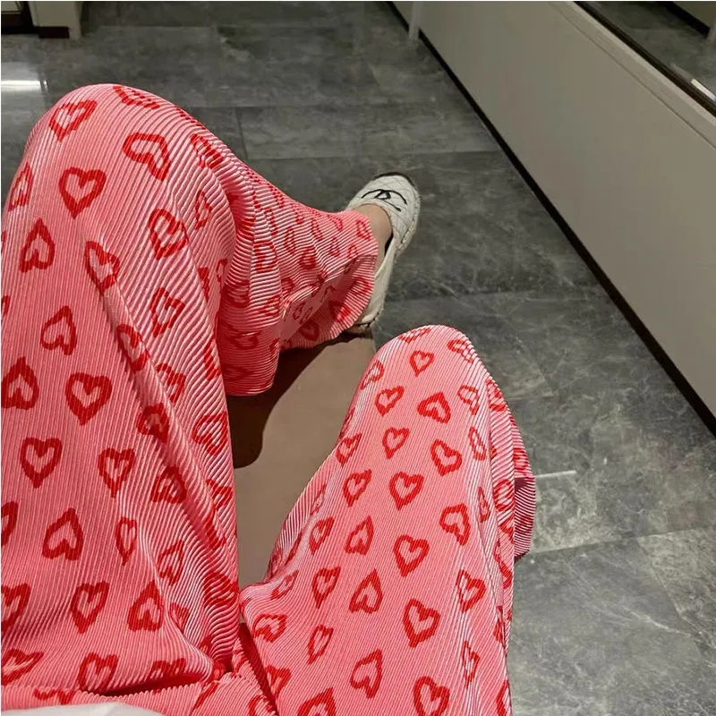 Pink Hearts Pants Hlače na preklop Ležerne ženske tanke hlače širokih nogavica za ljeto 2022. Nove OL ravne ležerne hlače pune dužine za sve kombinacije