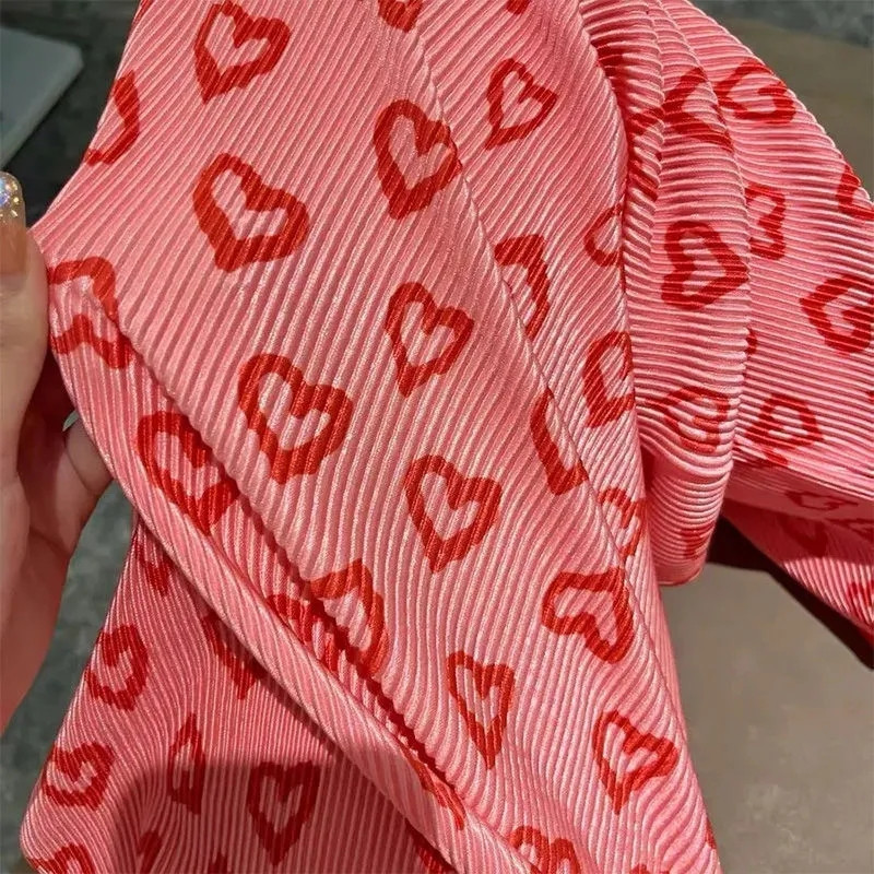 Pink Hearts Pants Hlače na preklop Ležerne ženske tanke hlače širokih nogavica za ljeto 2022. Nove OL ravne ležerne hlače pune dužine za sve kombinacije