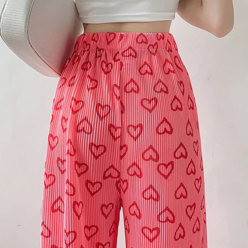 Pink Hearts Pants Hlače na preklop Ležerne ženske tanke hlače širokih nogavica za ljeto 2022. Nove OL ravne ležerne hlače pune dužine za sve kombinacije