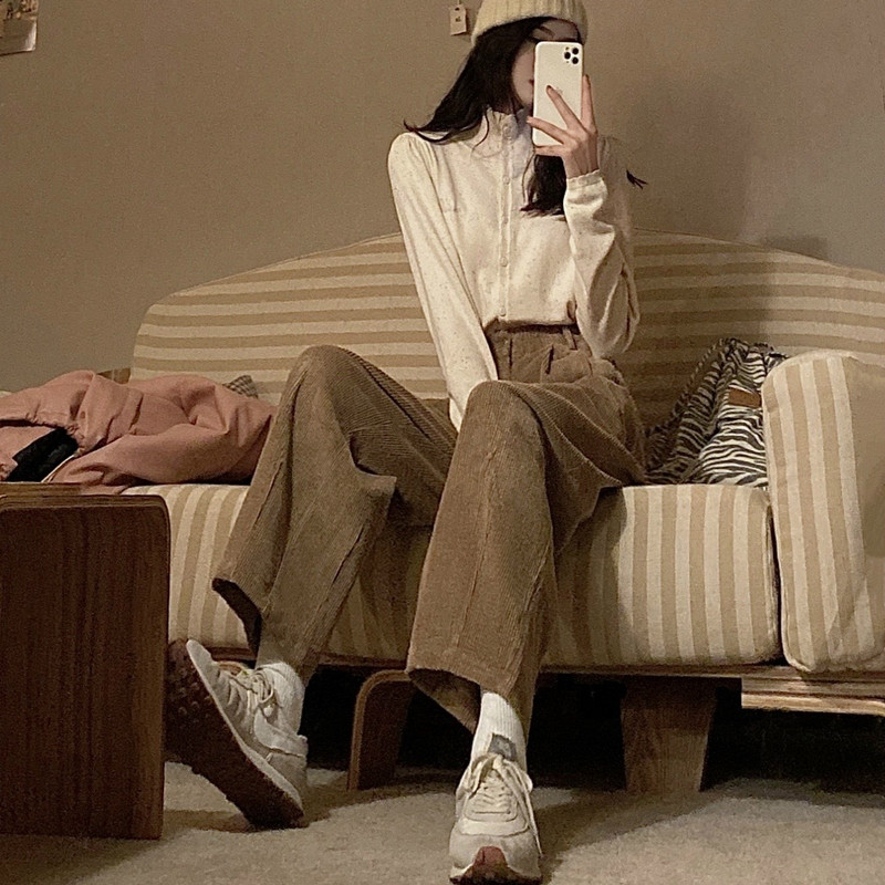 Ins populari pantaloni casual din velur pentru femei, solidi, fragezi, retro, pantaloni largi, talie înaltă, Harajuku, adolescent, moale, simpli, clasici