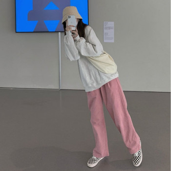Γυναικείο ασπρόμαυρο παντελόνι μόδας 2021 μεγάλου μεγέθους μπεζ κοτλέ παντελόνι φαρδύ Κορεάτικο γυναικείο μαλακό καθημερινό παντελόνι