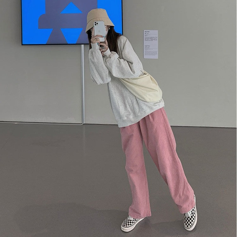 2021-es divatos fekete-fehér nadrág női túlméretezett bézs kordbársony széles szárú nadrág koreai női puha alkalmi nadrág