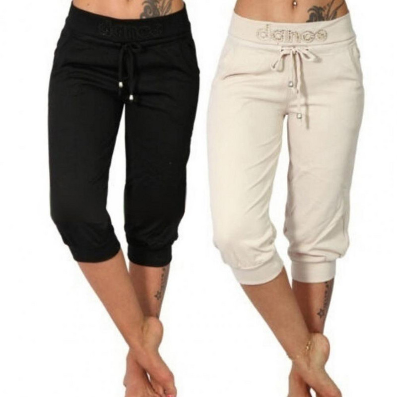 Jednobojne ženske kapri hlače do sredine potkoljenice srednjeg rasta s džepovima na uzicu Skraćene hlače sa širokim pojasom Ženske sportske kratke hlače za van