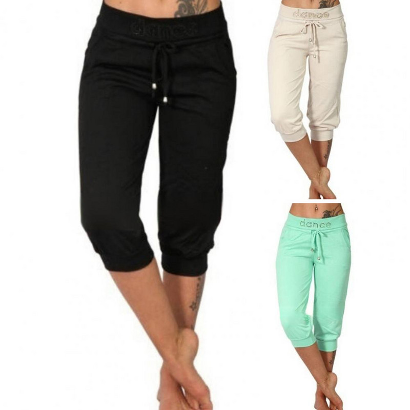 Jednobojne ženske kapri hlače do sredine potkoljenice srednjeg rasta s džepovima na uzicu Skraćene hlače sa širokim pojasom Ženske sportske kratke hlače za van