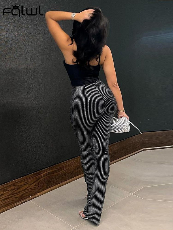 FQLWL Καλοκαιρινό ελαστικό μαύρο παντελόνι με ρίγες Streetwear Y2K ρούχα για γυναίκες Μόδα Casual ψηλόμεσο casual party Παντελόνι Flare