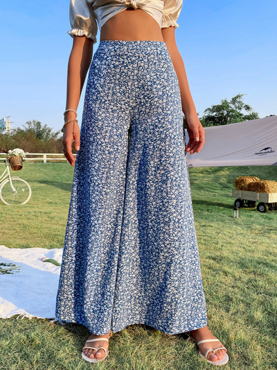 Gaono Boho Pantaloni largi de damă cu talie înaltă, cu imprimeu floral, largi, casual, drepti, sărbători de vară