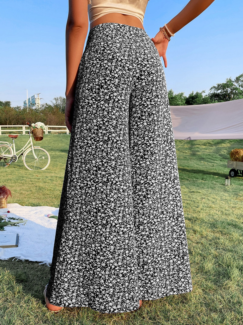 Gaono Boho Pantaloni largi de damă cu talie înaltă, cu imprimeu floral, largi, casual, drepti, sărbători de vară