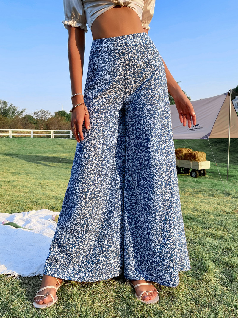 Gaono Boho Pantaloni largi de damă cu talie înaltă, cu imprimeu floral, largi, casual, drepti, sărbători de vară