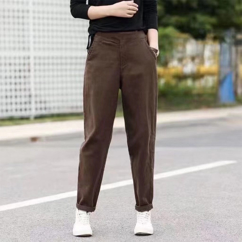 100% bumbac, la modă, cu buzunare duble, pantaloni elastici cu talie înaltă, pentru femei, toamnă, iarnă, pantaloni de pluș și îngroșați.