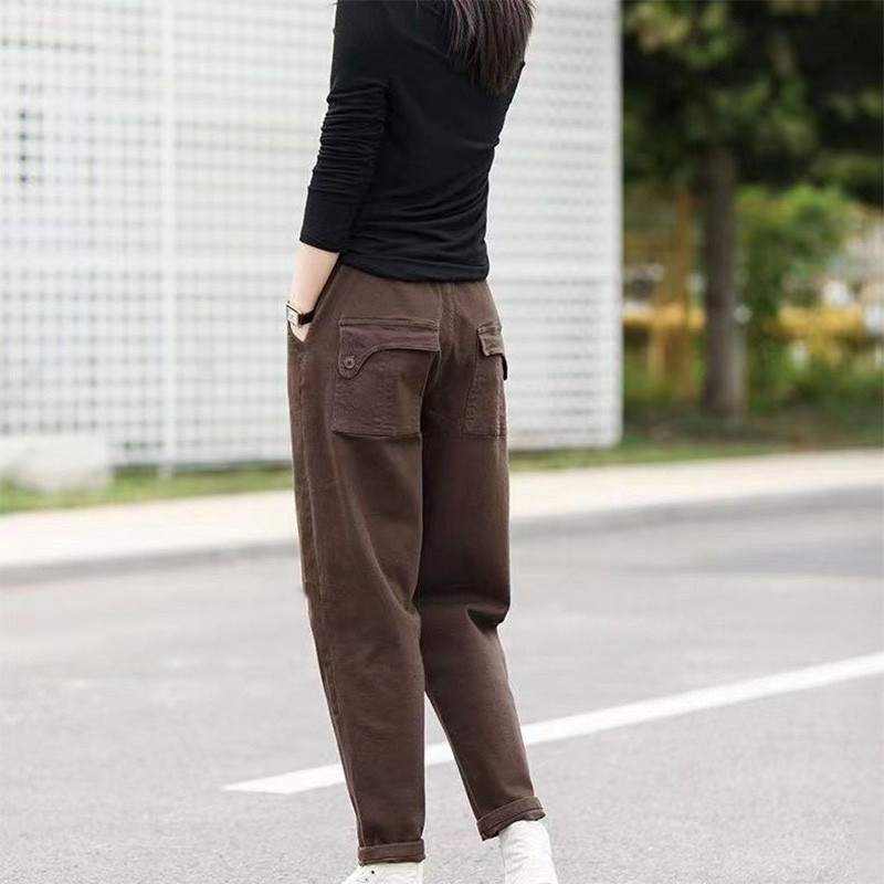 100% bumbac, la modă, cu buzunare duble, pantaloni elastici cu talie înaltă, pentru femei, toamnă, iarnă, pantaloni de pluș și îngroșați.