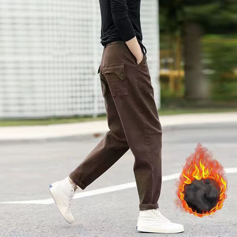 100% bumbac, la modă, cu buzunare duble, pantaloni elastici cu talie înaltă, pentru femei, toamnă, iarnă, pantaloni de pluș și îngroșați.