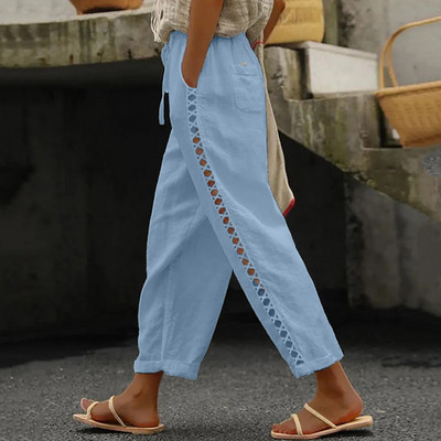 Jaunas sieviešu kokvilnas lina harēma bikses vasaras brīvas mežģīņu šuves dobas bikses Sieviešu vintage platas bikses līdz potītēm