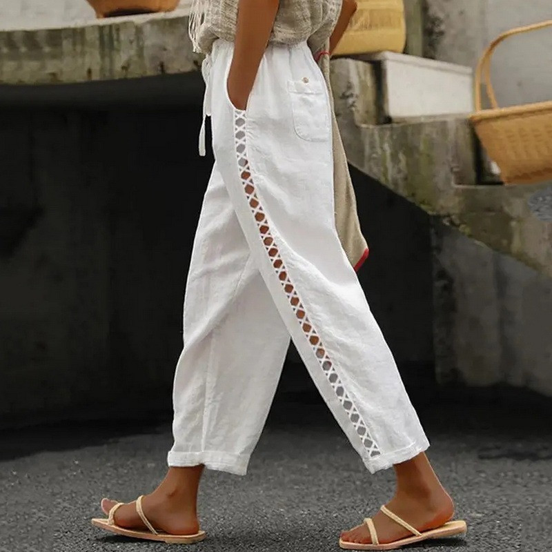Jaunas sieviešu kokvilnas lina harēma bikses vasaras brīvas mežģīņu šuves dobas bikses Sieviešu vintage platas bikses līdz potītēm