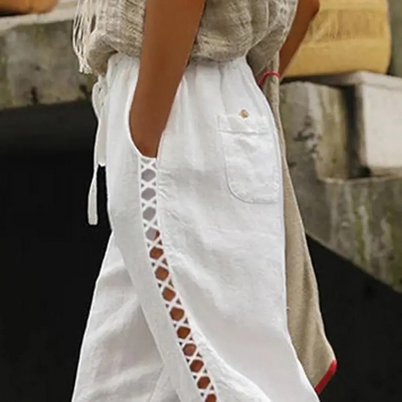 Jaunas sieviešu kokvilnas lina harēma bikses vasaras brīvas mežģīņu šuves dobas bikses Sieviešu vintage platas bikses līdz potītēm