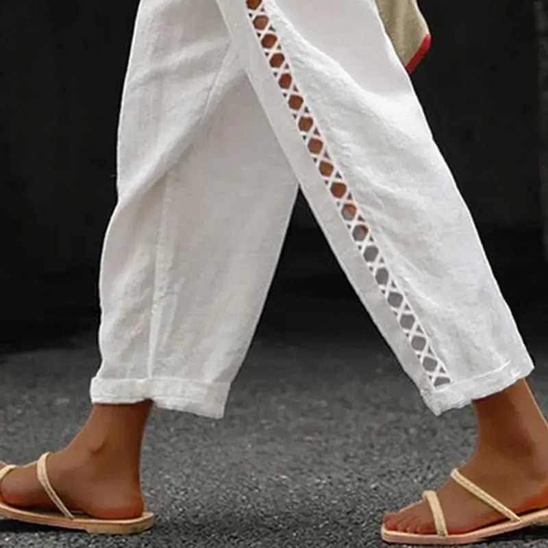 Jaunas sieviešu kokvilnas lina harēma bikses vasaras brīvas mežģīņu šuves dobas bikses Sieviešu vintage platas bikses līdz potītēm